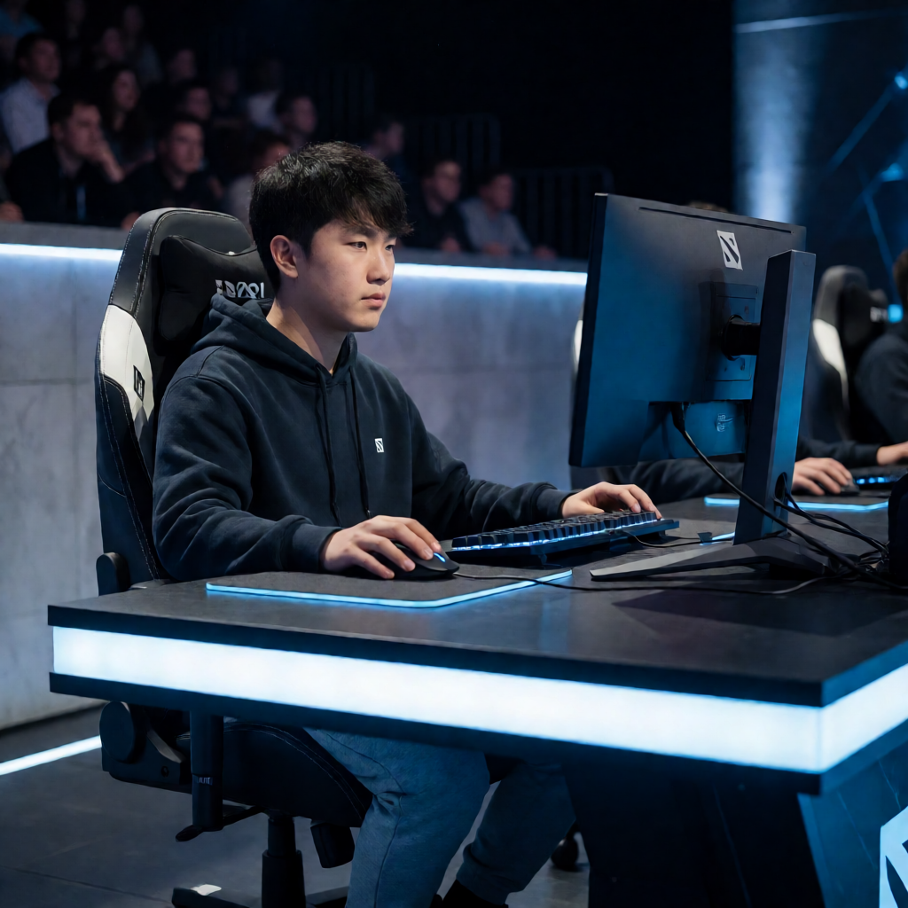 DOTA2职业比赛现场，选手在舞台上进行比赛